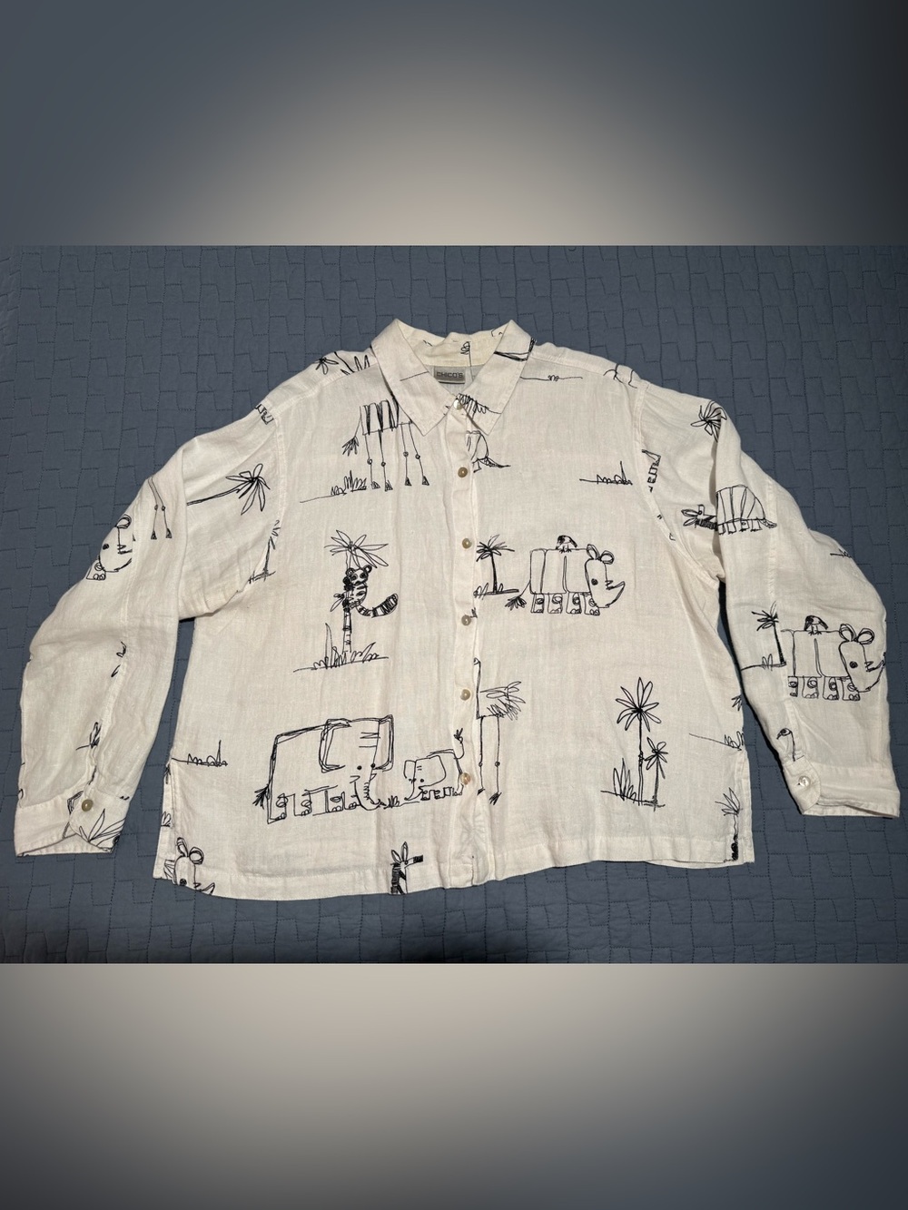 Chico's White Long-Sleeve Button-Up with Black Sketch Animal Print - Size 3